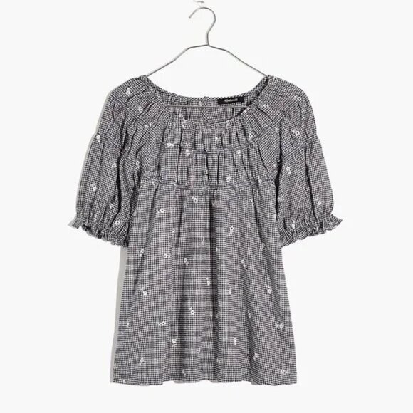 Madewell Embroidered Gingham Shirred Puff-Sleeve Top Medium - Picture 1 of 7